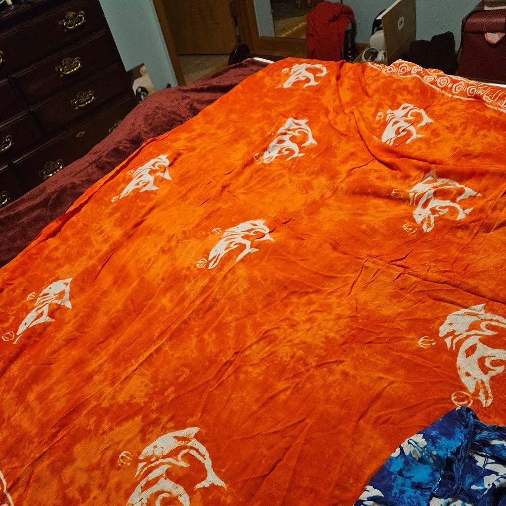 two print dye sarong beach pool wrap skirt orange dolphins flowers